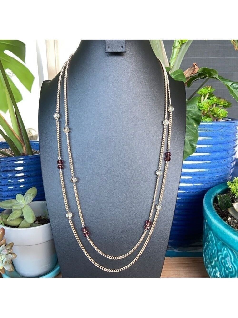 Chico’s Gold Maroon & Clear Crystal Necklace